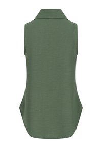 Haut sans manches vert olive avec un col, un dos droit et un ourlet légèrement incurvé, en tissu doux et texturé.