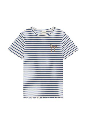 Gestreept T-shirt in blauw en wit, met een rafelige zoom en een klein bruin strikje op de borst. Gemaakt van zacht, gestructureerd stof.
