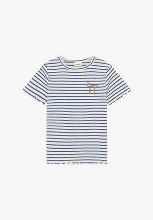 Gestreiftes T-Shirt in Blau und Weiß, mit einem ausgefransten Saum und einem kleinen braunen Schleifendesign auf der Brust. Hergestellt aus weichem, strukturiertem Stoff.