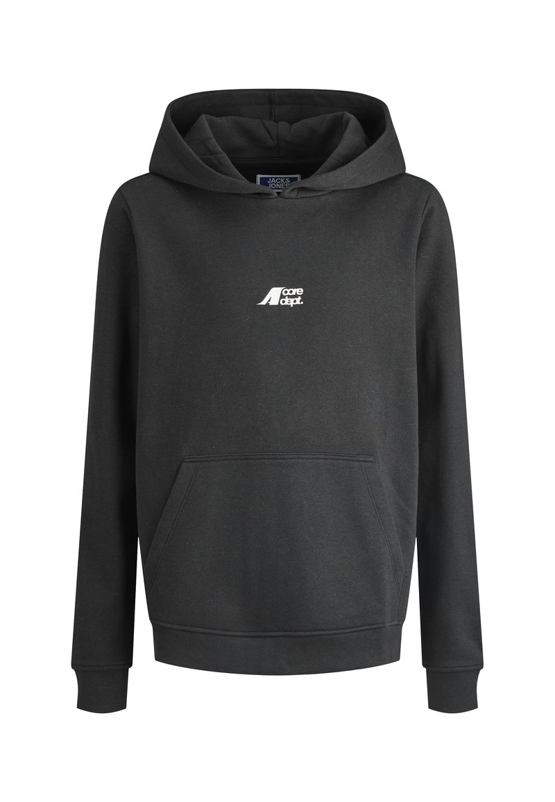 Schwarzer Hoodie mit einer vorderen Tasche und einem kleinen weißen Logo mit der Aufschrift "core dept." auf der Brust.