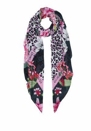 Pañuelo ligero con motivos florales en rosa y rojo, manchas de leopardo en blanco y negro y hojas verdes sobre fondo blanco.