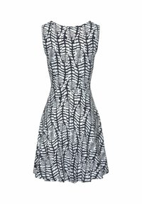 Schwarz-weißes ärmelloses Kleid mit einem blattähnlichen Muster, ausgestelltem Rock und glattem Stoff mit glänzendem Finish.