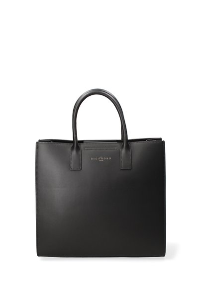 Borsa tote nera in pelle con forma strutturata, doppie maniglie superiori, logo impresso sul davanti e dettagli minimi. Texture liscia.