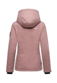 Light pink waterproof jacket with a hood, side seam detailing, black cuffs, and a logo on the upper back. Smooth texture, fitted design.