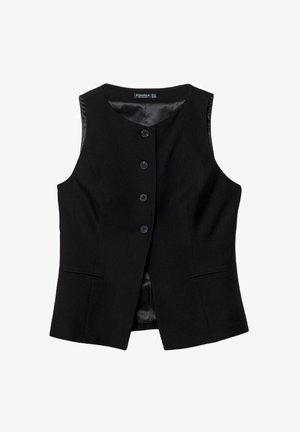 Schwarze ärmellose Weste mit fünf Knöpfen auf der Vorderseite, Seitentaschen und einem glatten Innenfutter. Maßgeschneiderte Passform mit einer dezenten, glänzenden Textur.