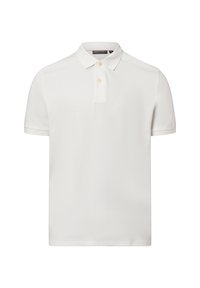 Weißes Polo-Shirt mit kurzen Ärmeln aus glattem Stoff, mit einem spitzen Kragen, einer Knopfleiste mit zwei Knöpfen und einem geraden Saum.
