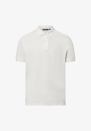Weißes Polo-Shirt mit kurzen Ärmeln aus glattem Stoff, mit einem spitzen Kragen, einer Knopfleiste mit zwei Knöpfen und einem geraden Saum.