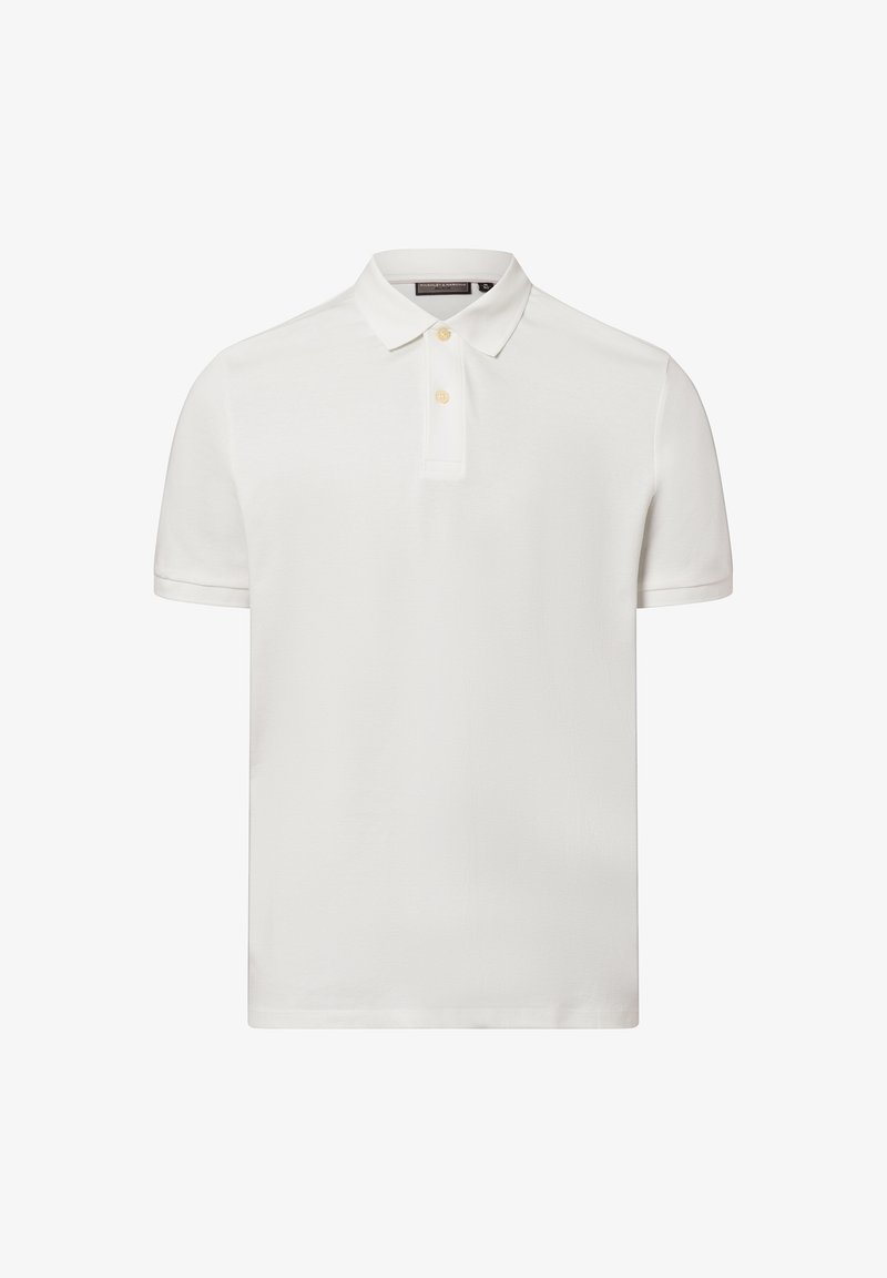 Weißes Polo-Shirt mit kurzen Ärmeln aus glattem Stoff, mit einem spitzen Kragen, einer Knopfleiste mit zwei Knöpfen und einem geraden Saum.