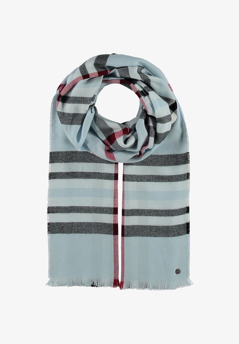 Blue plaid scarf featuring horizontal and vertical stripes in black, grey, and burgundy, with frayed edges and a small logo detail.