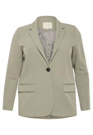 Hellgrüner Blazer mit einem einzelnen schwarzen Knopf, Reverskragen, zwei vorderen Taschen und einem glatten Innenfutter. Taillierte Passform, strukturierter Schnitt.