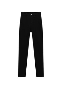 Jeans skinny in denim nero con una texture liscia, vita alta, zip frontale e chiusura a bottone in argento. Design minimalista, senza motivi.
