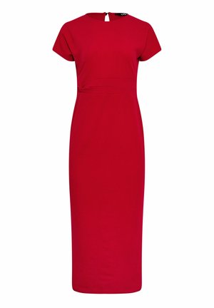 Rode, knielange aansluitende jurk met korte mouwen, ronde halslijn en taille-naadtoeving met een kleine zijstrik.
