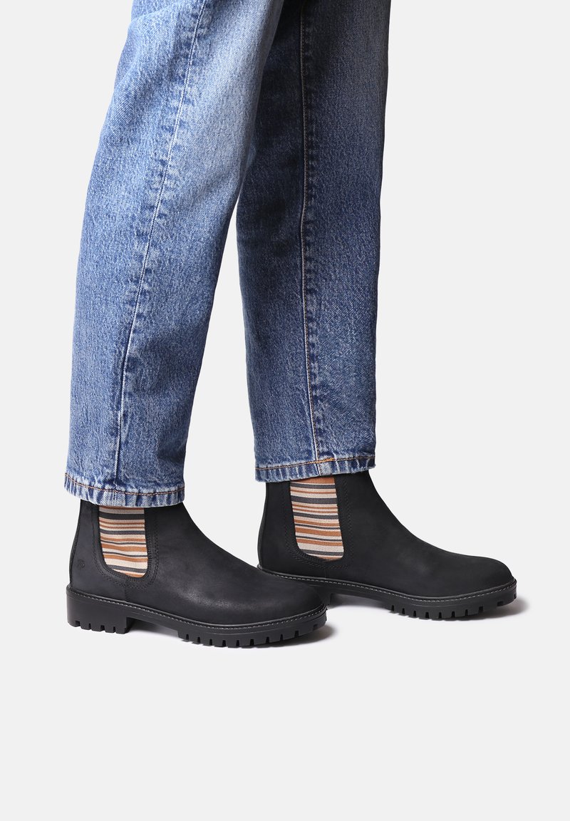 Botas Chelsea de cuero negro con paneles laterales elásticos a rayas, que presentan una suela texturizada y punta redondeada, combinadas con jeans de mezclilla azules.