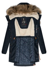 Black coat with faux fur hood. Interior features cream fleece lining and a patterned dark fabric with pink and white accents. Brass snaps and zipper.