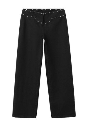 Pantalones negros de pierna ancha con tachuelas plateadas a lo largo de la cintura y el canesú delantero, con cierre de cremallera frontal.