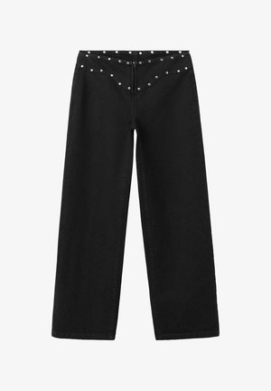 Pantalones negros de pierna ancha con tachuelas plateadas a lo largo de la cintura y el canesú delantero, con cierre de cremallera frontal.