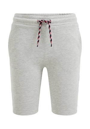 Lysegrå afslappede shorts med forlommer og en sort, rød og hvid snor i den elastiske talje.