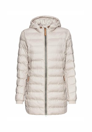 Leichte Steppjacke in sanftem Beige mit Reißverschluss, Kapuze und elastischen Bündchen. Mit horizontaler Steppung und seitlichen Taschen.