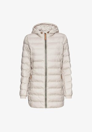 Leichte Steppjacke in sanftem Beige mit Reißverschluss, Kapuze und elastischen Bündchen. Mit horizontaler Steppung und seitlichen Taschen.