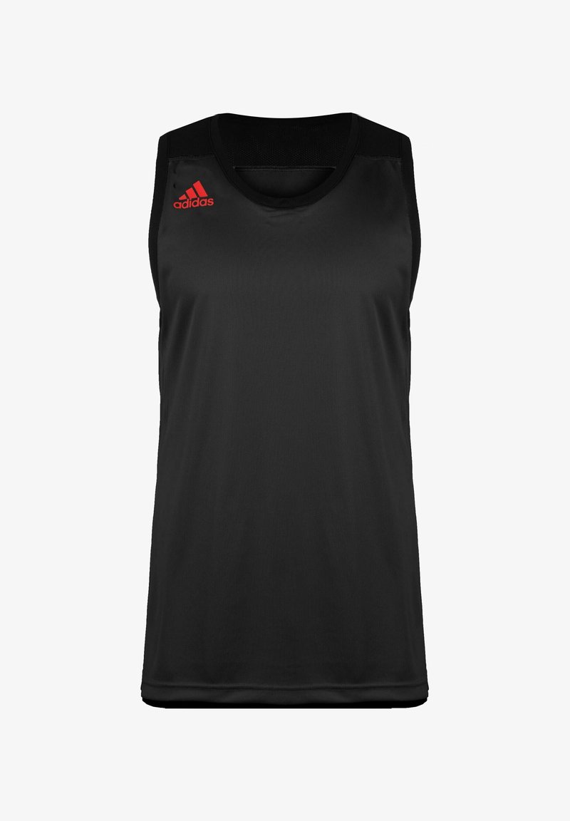 Camiseta atlética negra sin mangas, con cuello redondo, que presenta un logo rojo de Adidas en el hombro izquierdo. Tejido suave y ligero.