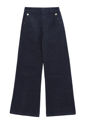 Dunkelblaue, weit geschnittene Jeanshose mit hoher Taille, Gürtelschlaufen und jeweils drei Knöpfen an der Seite auf jeder Hüfte.