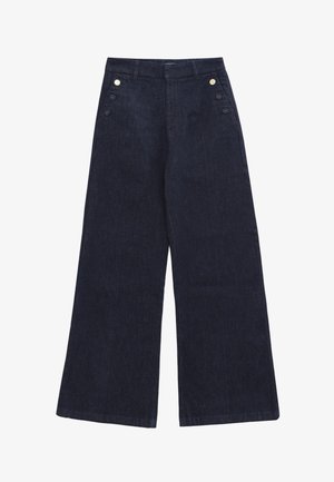 Pantalons en denim bleu foncé à jambes larges avec taille haute, passants de ceinture et trois boutons sur chaque hanche.
