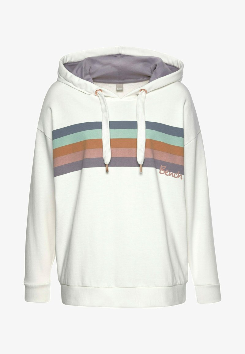 Witte hoodie met horizontale strepen in blauw, teal, bruin en mauve. Inclusief trekkoorden en een logo op de voorkant.
