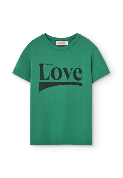 Zelené bavlněné tričko s nápisem 'Always Love' v tučném černém písmu. Krátké rukávy a kulatý výstřih s volným střihem.