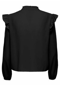 Blouse noire à manches longues avec volants aux épaules et petit col à volants, vue de dos sur fond blanc.