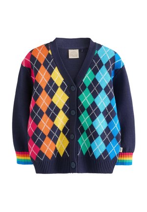 Cardigan lavorato a maglia di colore blu navy con un vivace motivo argyle nei colori rosa, arancione, giallo, verde e blu. Polsini a coste con strisce arcobaleno.