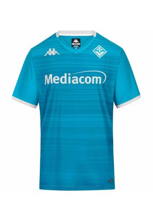 Maillot de sport bleu avec logo blanc Mediacom, marquage Kappa, emblème en forme de losange, col et bordure de manches blanches.