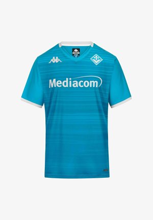 Maillot de sport bleu avec logo blanc Mediacom, marquage Kappa, emblème en forme de losange, col et bordure de manches blanches.