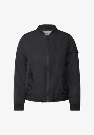 Giubbotto bomber nero realizzato in nylon liscio con zip frontale, polsini a coste e due tasche laterali. Orlo elastico per una vestibilità regolabile.