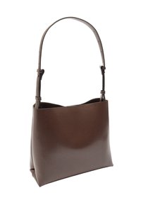 Brązowa torba na ramię z gładkiej skóry, z pojedynczym regulowanym paskiem i otwartym górnym wykończeniem, bez dodatkowych elementów metalowych ani wzorów.