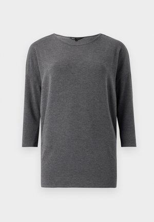 Haut gris à manches longues en tissu doux avec une coupe décontractée. Il présente un col rond et des épaules tombantes. Pas de motifs ni d'accents visibles.