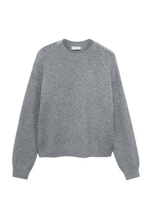 Pull-over gris à manches longues avec un col rond, doté de bords côtelés aux poignets et à l'ourlet, fabriqué en tissu tricoté doux.