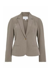 Světlohnědý blazer s jedním knoflíkem, klopovými límci, dvěma předními kapsami a přiléhavým střihem. Vyrobeno z texturované látky.