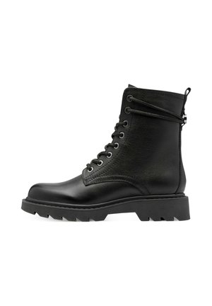 Schwarze Lederankelstiefel mit strukturiertem Finish, ausgestattet mit einem Schnürdesign, einer Zuglasche auf der Rückseite und einer robusten Sohle für Traktion.