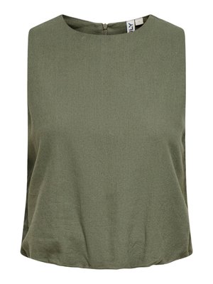 Haut sans manches vert olive avec encolure ronde, fermeture éclair au dos et coupe décontractée.