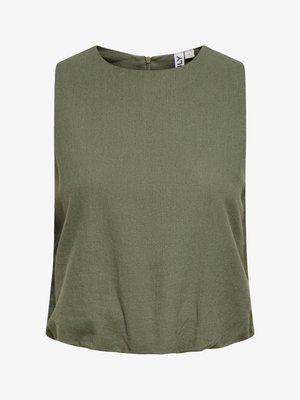 Haut sans manches vert olive avec encolure ronde, fermeture éclair au dos et coupe décontractée.