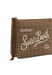 Borsa a tracolla con motivo houndstooth marrone, con la scritta ricamata in bianco "Sognando il Paradiso Invernale di Saint Barth". Dotata di chiusura a zip e tracolla in tessuto.