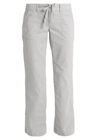 Jasnoszare lniane spodnie z regulowanym sznurkiem w talii, dwoma przednimi kieszeniami oraz prostym krojem nogawek zapewniającym wygodne dopasowanie.