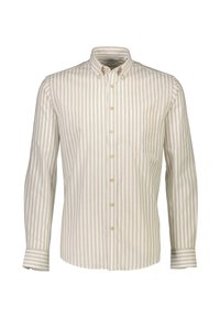 Camisa de botones de manga larga a rayas beige y blanca, con un bolsillo en el pecho y cuello puntiagudo. Confeccionada en algodón con una textura suave.
