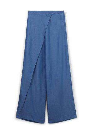 Blue wide-leg pants with a wrap front panel and elastic waistband, made from lightweight fabric.