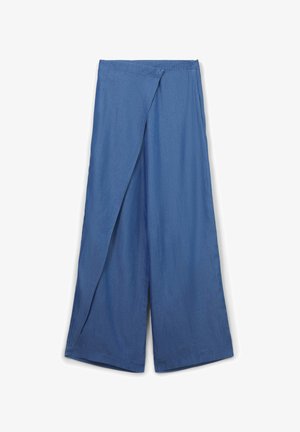 Pantaloni a gamba larga blu con un pannello anteriore avvolgente e vita elasticizzata, realizzati in tessuto leggero.