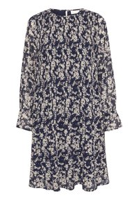 Robe florale bleu marine avec manches longues, corsage plissé et poignets volantés. Fabriquée en tissu léger, elle présente un motif floral blanc.