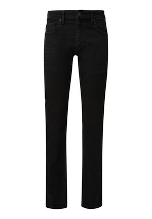 Melni denimi bikses ar taisnu piegriezumu, piecām kabatām, pogu aizdari un jostas cilpām. Gluda faktūra un minimālistisks dizains bez rotājumiem.