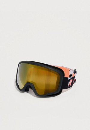 Gafas de esquí con montura negra, correa con detalles en naranja y lentes reflectantes con tonalidad amarilla. Diseñadas para deportes de nieve y actividades al aire libre.