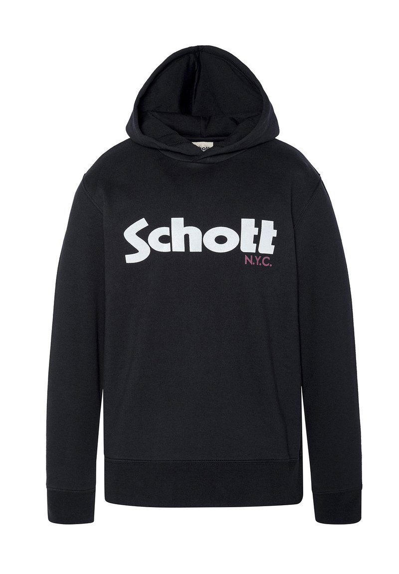 Felpa nera con cappuccio realizzata in cotone, presenta un grande logo bianco "Schott" e un più piccolo "N.Y.C." in color bordeaux, con polsini e orlo a coste.