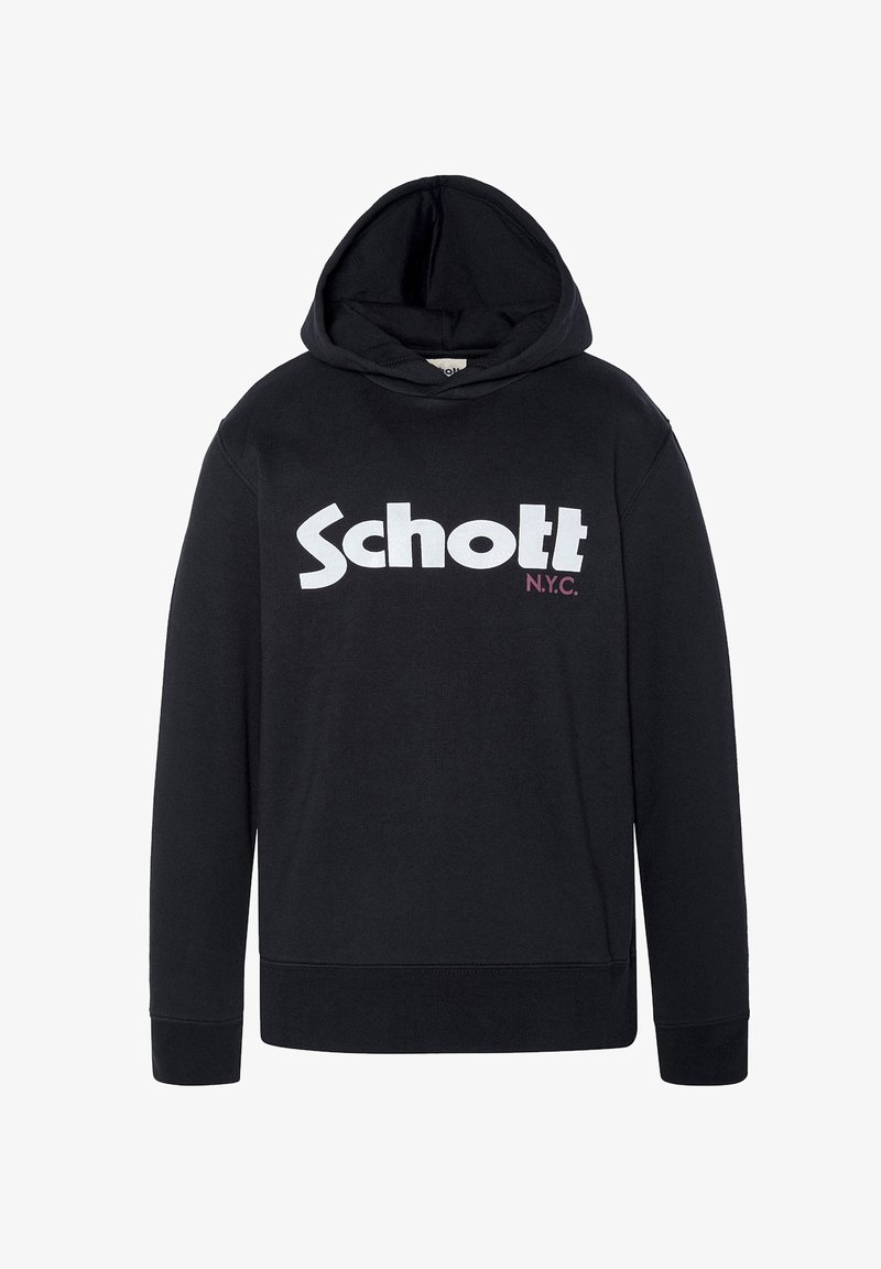 Felpa nera con cappuccio realizzata in cotone, presenta un grande logo bianco "Schott" e un più piccolo "N.Y.C." in color bordeaux, con polsini e orlo a coste.